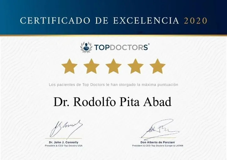 Certificado de Excelencia 2020 de TopDoctors otorgado al Dr. Rodolfo Pita Abad